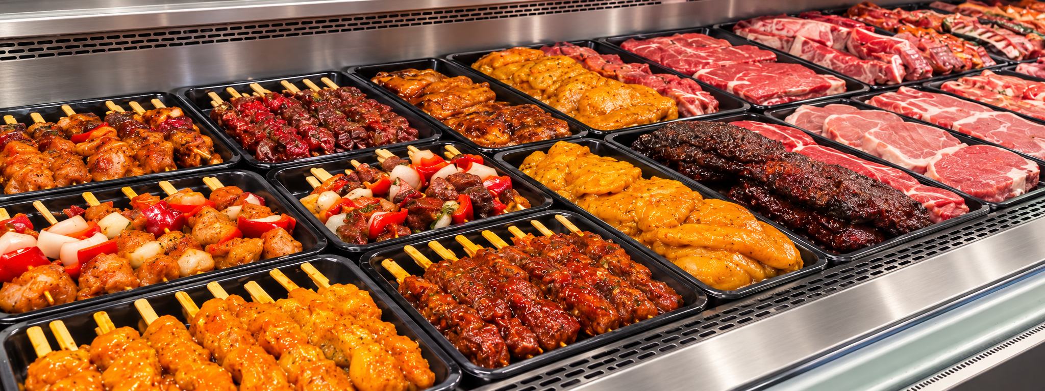 Our display case at Morphett Vale Butcher: marinated chicken skewers, glazed ribs, marinated chicken and fresh steaks